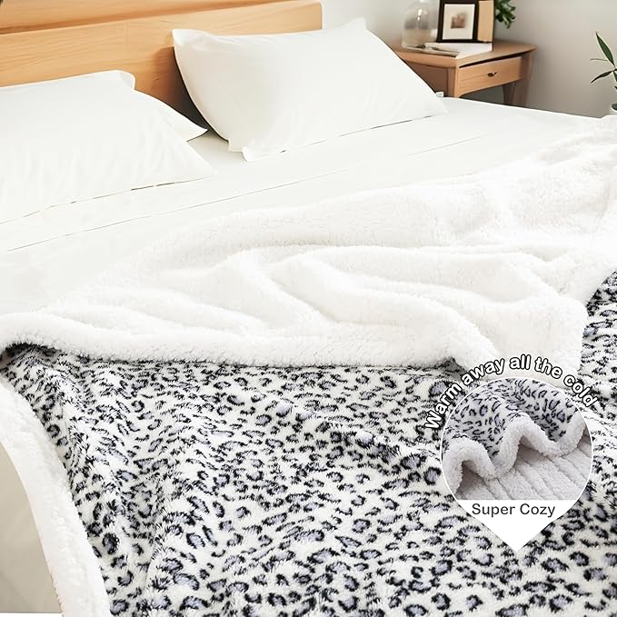 Electric Heated Blanket Full Size 72×84, 10H Auto Off & 6 Heating Settings Fluffy Ultra Soft Warmth Lightweight Cozy Plush Sherpa Machine Washable, Fast Heating, Home Office Leopard Print Blue & White
