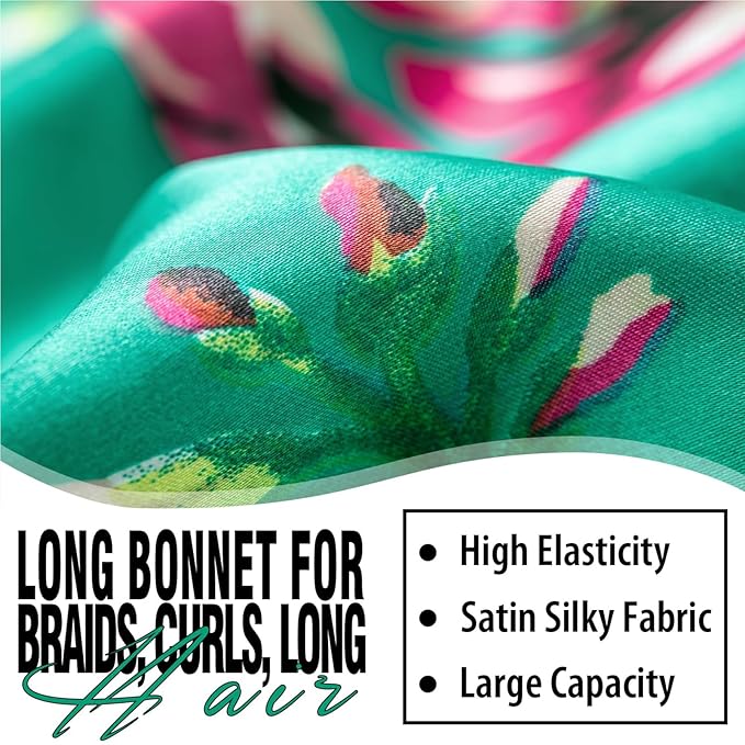 2Pcs Bonnets for Black Women Braid Bonnet, Large Long Satin Bonnet for Braids, Silk Bonnet with Stretchy Tie Band Sleep Cap Hair (2Pcs-Black&Printing Flower)
