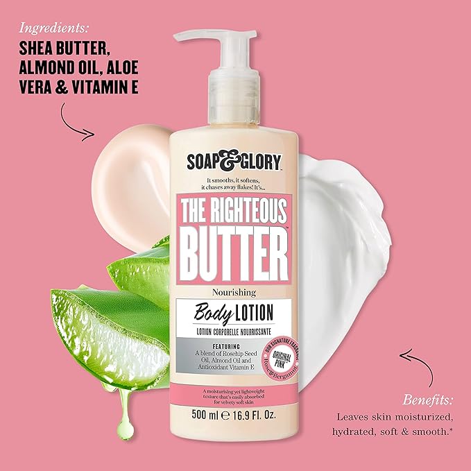 Soap & Glory Original Pink The Righteous Butter Moisturizing Body Lotion Pump - Shea Butter, Vitamin E & Aloe Vera Vegan Body Moisturizer - Rose & Bergamot Scented Lotion (500ml) (Pack of 2)