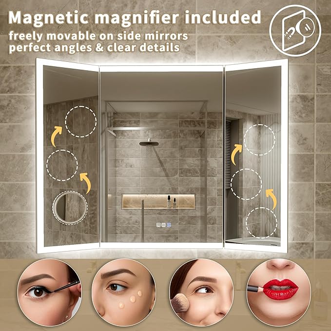 66x36 Trifold Bathroom Mirror with Lights with Removable Magnifier, 180° Foldable LED Mirror for Bathroom, Front&Backlit, Wall Mounted, Stepless Dimming, Color Temper Change, Anti Fog
