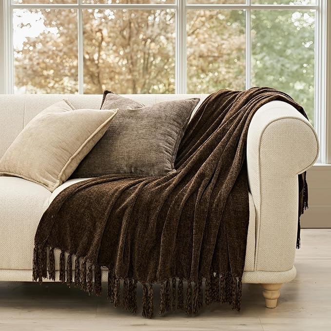 EVERGRACE Soft Chenille Throw Blanket for Couch, Cozy Plush Fuzzy Decorative Chenille Knit Throw Blanket with Tassels, Lightweight Blanket and Throws for Bed Sofa Gift Home Decor, Dark Brown 60"x80"