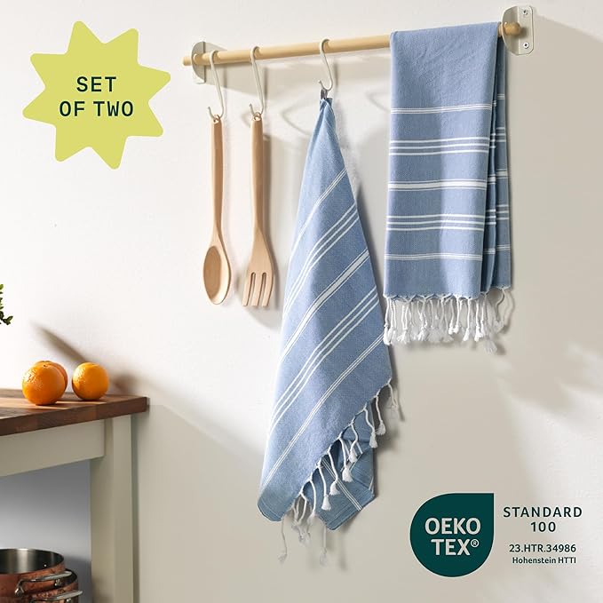 WETCAT Turkish Hand Towels with Hanging Loop, Set of 2 (20" x 30") 100% Turkish Cotton, Pre-Washed, Quick Drying, for Kitchen or Bathroom - Denim Blue