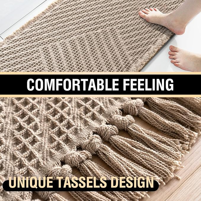 H.VERSAILTEX Waffle Bath Mat Super Absorbent Boho Bath Mat Non Slip Bath Rugs for Bathroom Floor Machine Washable Dry Fast Bathroom Rugs with Handmade Tassels, 24" x 36", Irish Cream