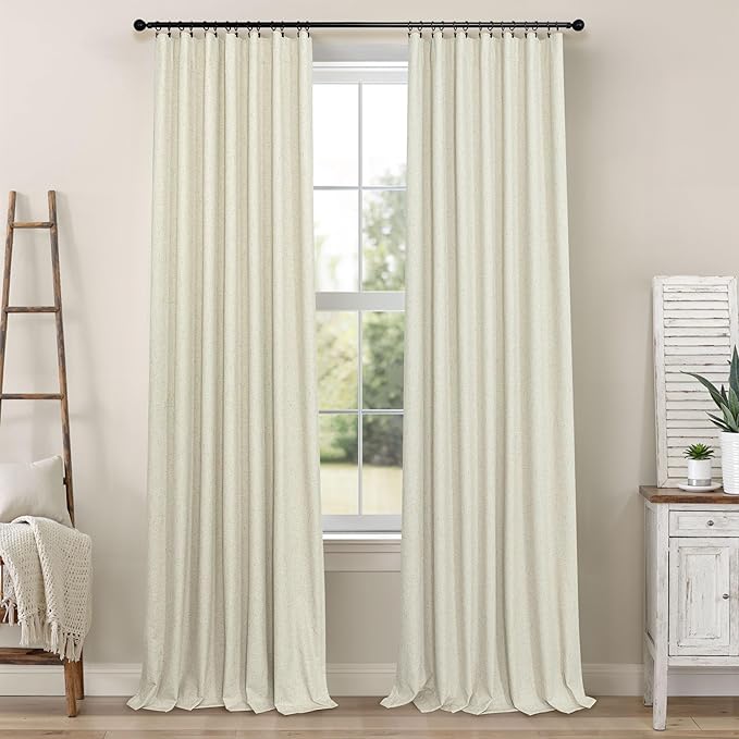 102 Inch Long Curtains for Bedroom Living Room Darkening Blackout Thermal Thick Linen Textured Luxury Curtain Drape for Sliding Glass Patio Door Set of 2 Panel 102 In Length Back Tab Ivory Cream Beige
