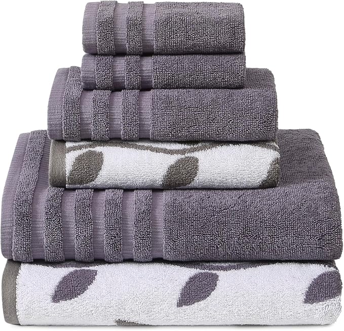 Modern Threads Organic Vines 6-Piece 100% Cotton Towel Set – Yarn Dyed Jacquard & Solid – Includes 2 Bath Towels, 2 Hand Towels, 2 Washcloths – Absorbent, Quick Dry, Soft & Durable – Lavender