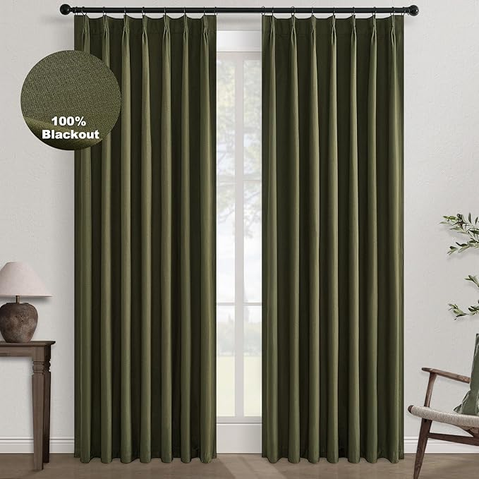 Topfinel Olive Green Linen Blackout Curtains 108 Inches Long for Living Room Large Window, Pinch Pleated Cold Blocking Boho Dark Green Track Curtains for Living Room 2 Panels,9 FT with Hooks Rings