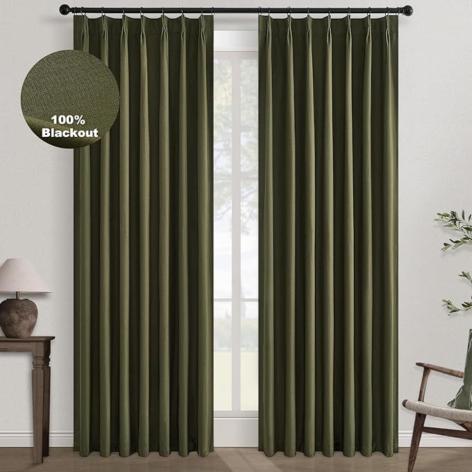 Topfinel Olive Green 105 Inches Long Custom Black Out Faux Thick Linen Curtains, Pinch Pleated Heat Reflective Curtains with Pin Hooks, Luxury Lined Back Tab Drapes 2 Panels for Living Room