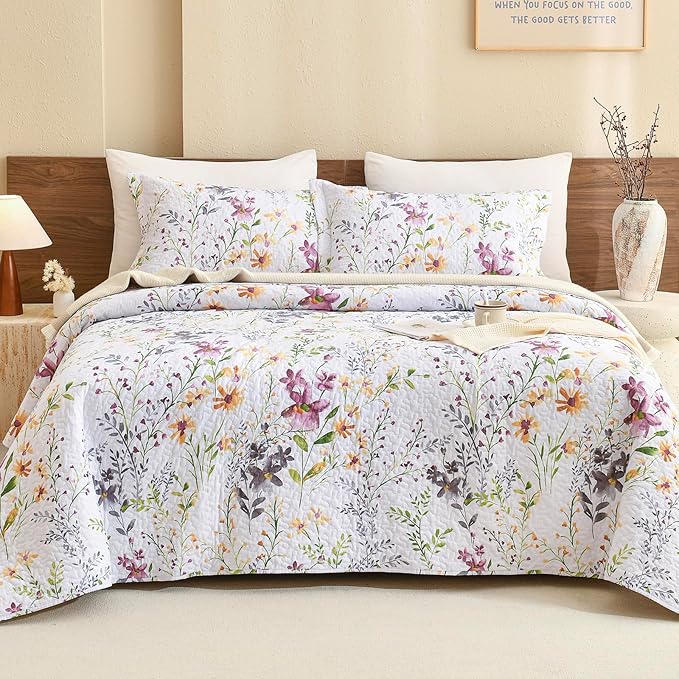 Lady Ann Wild Floral Printed Bed Quilt Sets Queen 100% Cotton Yellow Flower Botanical Pattern Bedding, Vintage Lightweight Coverlet Ultra Soft Bedspread Set with Pillow Shams for All Season, 3 PCS