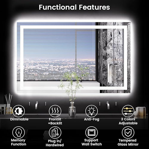 48X30 LED Bathroom Mirror with Lights, Anti-Fog, Backlit + Front Lit, Lighted Bathroom Vanity Mirror for Wall, Memory Function, Dimmable, Tempered Glass, Shatter-Proof, ETL Listed