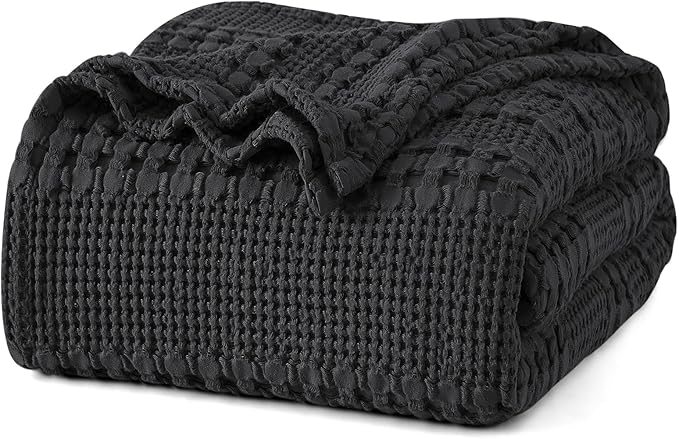 PHF 100% Cotton Waffle Weave Blanket King Size for Bed, Soft Lightweight & Breathable, All-Season Comfort, Luxury Aesthetic Woven Bedding for Home Decor, 108"x90", Black