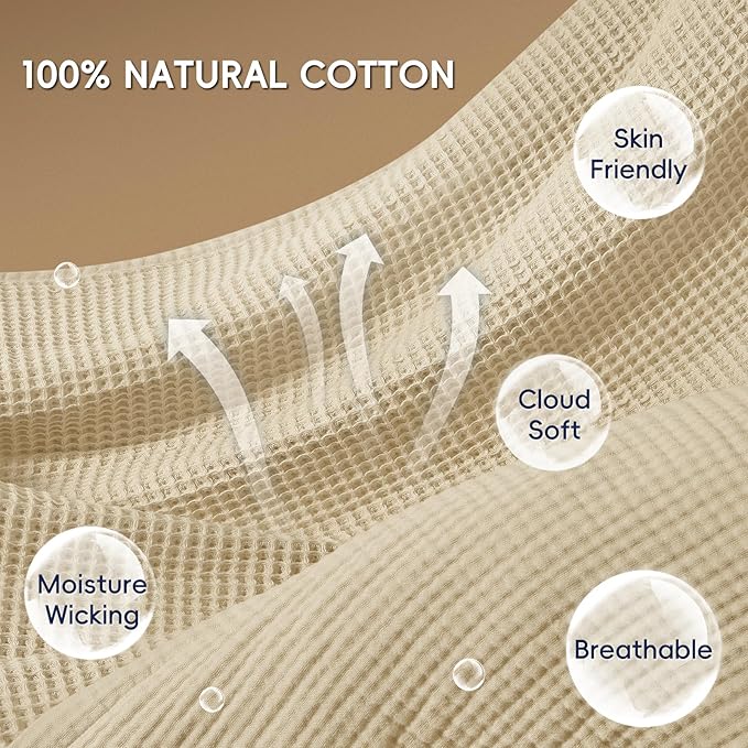 PHF 100% Cotton Waffle & Muslin Blanket Twin Size, Soft Breathable Luxury 400GSM Versatile Reversible Bedding for Bed, Great for Layering in Cold Weather, Home Decor Gift, 66" x 90", French Oak