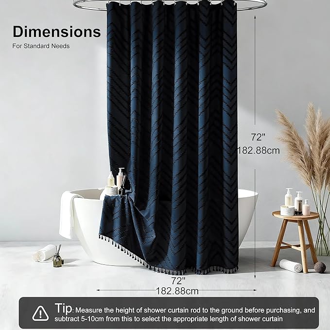Navy Blue Shower Curtain Fabric Boho Shower Curtain Cloth Textured Tufted Chevron Elegant Shower Curtains Waterproof for Bathroom 72 x 72