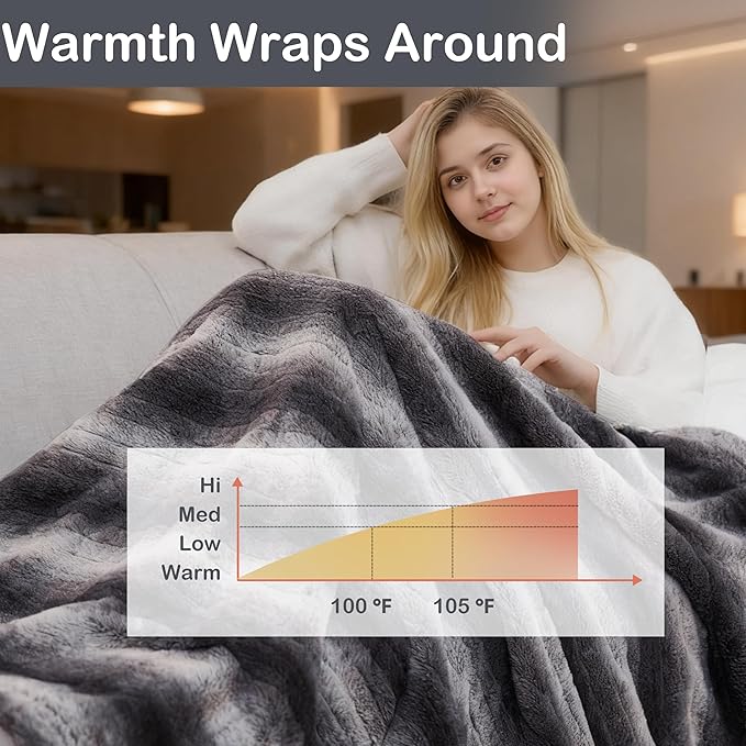 Electric Heated Blanket Throw Size 50" x 60", Super Cozy Warmth Soft with 4 Heating Levels & 4 Hours Auto Off, Plush Faux Fur, Machine Washable, Home Office Use, Gray White