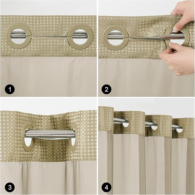 Colorful Star No Hook Waffle Shower Curtain with Snap in Fabric, Waterproof Shower Curtains with See Through Top Window, Hotel Luxury Heavy Duty Bathroom Curtain and Liner Set, 72'' x 75'', Beige