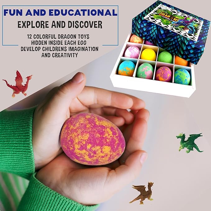Bath Bombs for Kids with Surprise Inside - 12 Organic Bubble Bath Fizzies with Dragon Egg Toys. Gentle & Kids Friendly w/Rich Bubbles & Rainbow Colors, Stocking Stuffer Christmas Gifts for Boy, Girls