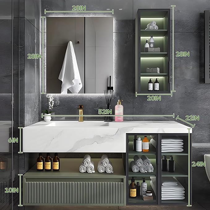 Floating Vanity for Bathroom, 52" Green Bathroom Vanity Set with LED Defog Mirror and Side Medicine Cabinet, Wall Mount Bathroom Storage Cabinet with Glass Door, Single Sink Bath Vanities - Green