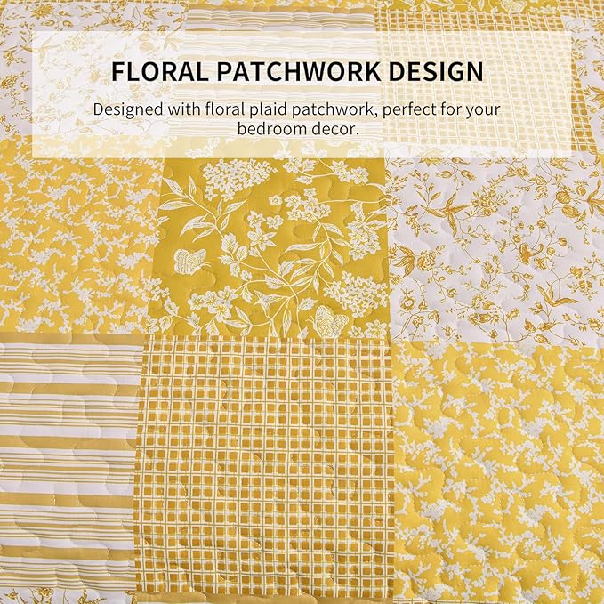 Mybedsoul Yellow Boho Quilt Set Queen Size,3 Pieces Plaid Floral Bedspread Coverlet Set Summer,Patchwork Reversible Bedding Set Queen 90"x96"