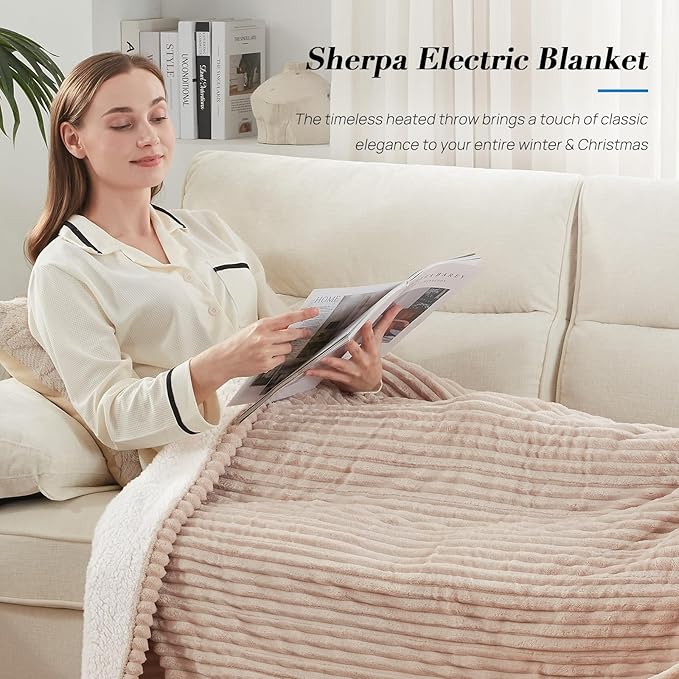Westinghouse Heated Throw Blanket, Cozy Soft Flannel to Sherpa Electric Throw with 6 Heating Levels & 2-10 Hours Auto Shut Off, Fast Heating & ETL Certification, Machine Washable, 50x60 Inch, Beige
