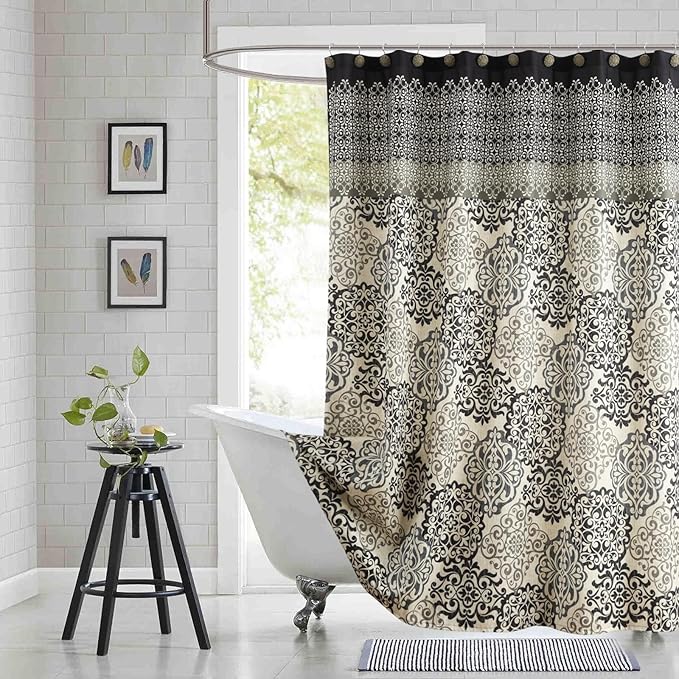 Fabric Shower Curtain 78 Inches Long, Black and Beige Boho Medallion Print Shower Curtains for Bathroom, 72" W x 78" H