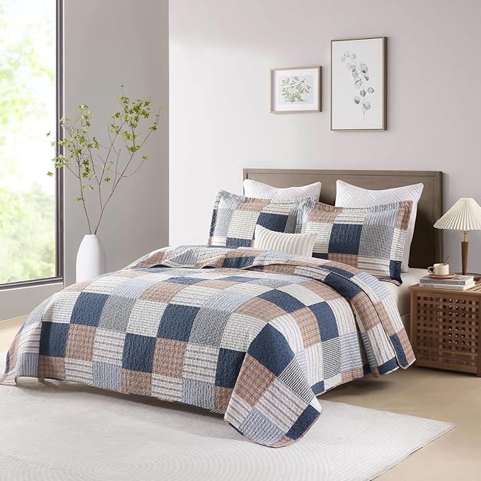 Uniclinens Plaid Quilt Set King Size, 100% Cotton Patchwork Plaid Quilt Bedding Set Bedspreads, Farmhouse Lightweight Comforter Quilted Quilt, 3 Pieces Set with 2 Pillowshams, Navy/Brown/White