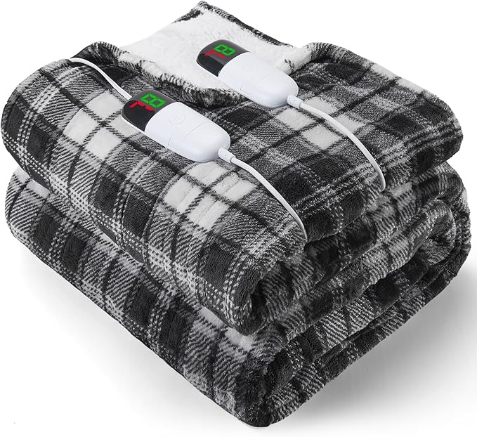 OCTROT Black Electric Heated Blanket King Size, 90X100 Black Blanket with Dual Control&10 Heats Levels&Timer for Bed,Large Plaid Sherpa Heating Blankets Warmer Gifts for Grandma Women Adults,Washable
