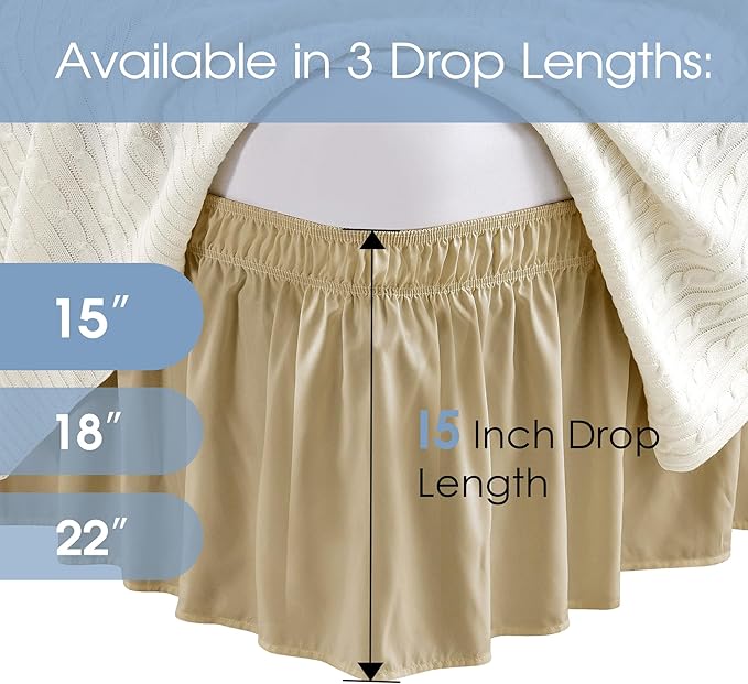 FreshCulture Full Bed Skirt, Elastic Wrap Around Bed Skirt Full Bed, Easy Fit with 15-Inch Tailored Drop, Hotel Quality Dust Ruffle for Full Size Bed, Bed Skirt Full Size (Beige)