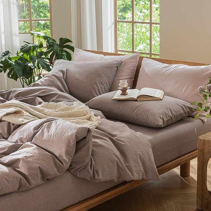 MooMee Bedding Duvet Cover Set 100% Washed Cotton Linen Like Textured Breathable Durable Soft Comfy (Heathered Mauve Brown, Queen 90"x90")