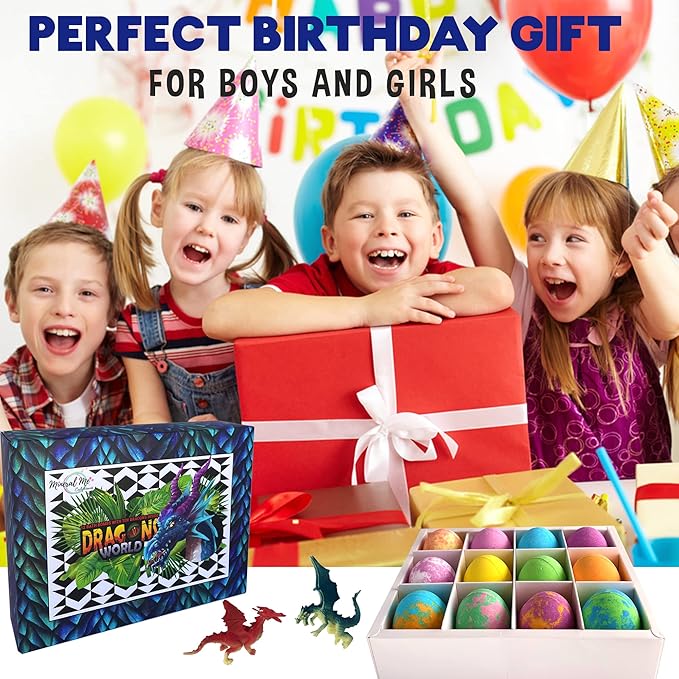 Bath Bombs for Kids with Surprise Inside - 12 Organic Bubble Bath Fizzies with Dragon Egg Toys. Gentle & Kids Friendly w/Rich Bubbles & Rainbow Colors, Stocking Stuffer Christmas Gifts for Boy, Girls