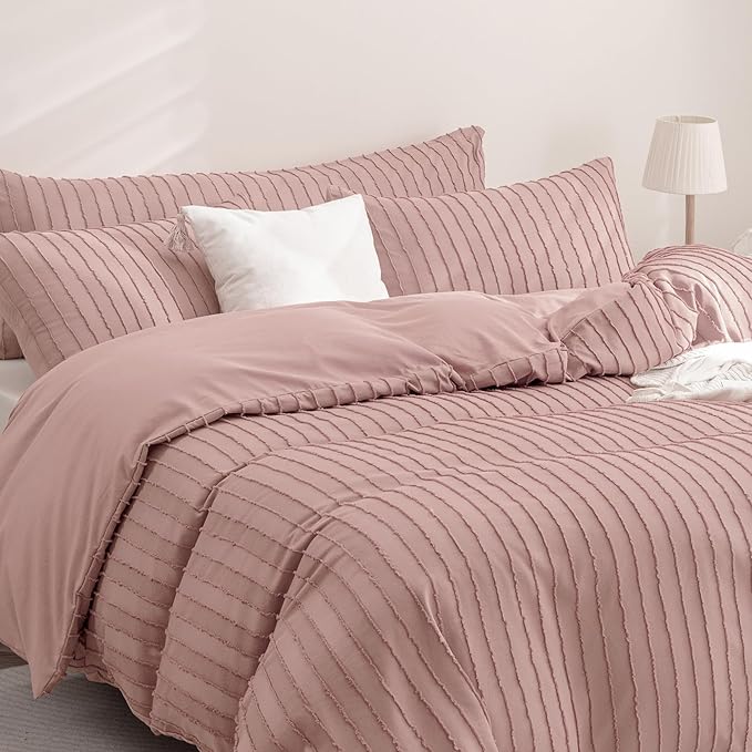 JELLYMONI Duvet Cover Queen Size Smokey Pink - 3PCS Boho Striped Duvet Cover Set Polyester Tufted Bohemian Textured Comforter Cover 90×90in with Corner Ties & Zipper and 2 Pillowcases