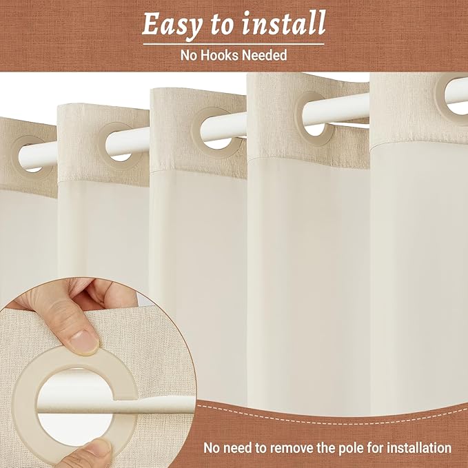 No Hook Cream Shower Curtain and Liner, Linen-Look Polyester Textured Shower Curtain with Snap in Liner, Waterproof & Washable Bath Curtains for Bathroom, 71Wx74H