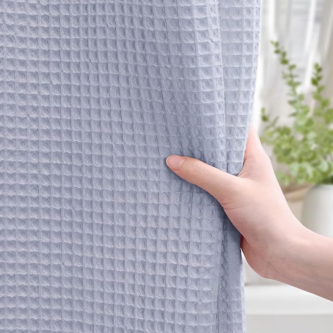 Extra Long Waffle Shower Curtain - Misty Blue Cotton Texture Fabric Heavyweight Shower Curtain for Bathroom,72Wx84L