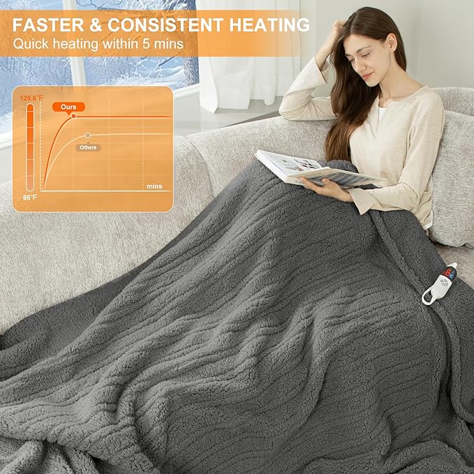 Heated Blanket Full Size 72"X84" Grey - Soft Double Sided Sherpa Electric Blanket Full Size with LED Display, 6 Heating Levels & 10 hrs Timer, Machine Washable & Fast Heating, Gift for Women
