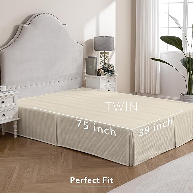 MIYE Pleated Waffle Weave Bed Skirt, Tailored Dust Ruffle 14 Inch Drop Easy Fit, Machine Washable,No Split Corners (Light Beige, Twin - 14" Drop)