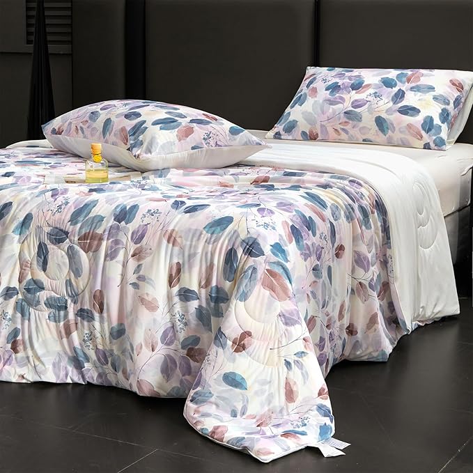 Cyusri Print Cooling Comforter Set 3Pcs Breathable Cool Queen Size Bedding Set with 2 Pillowcases Leaf Pattern Silky Cold Quilt, Blue 90"x90"