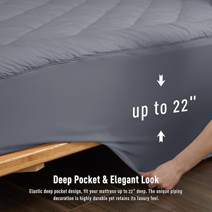 Queen Size Mattress Pad Cotton Top Mattress Cover Quilted Fitted Mattress Protector with 18-22" Deep Pocket Down Alternative Fill Noiseless & Breathable (Queen, Dark Grey)