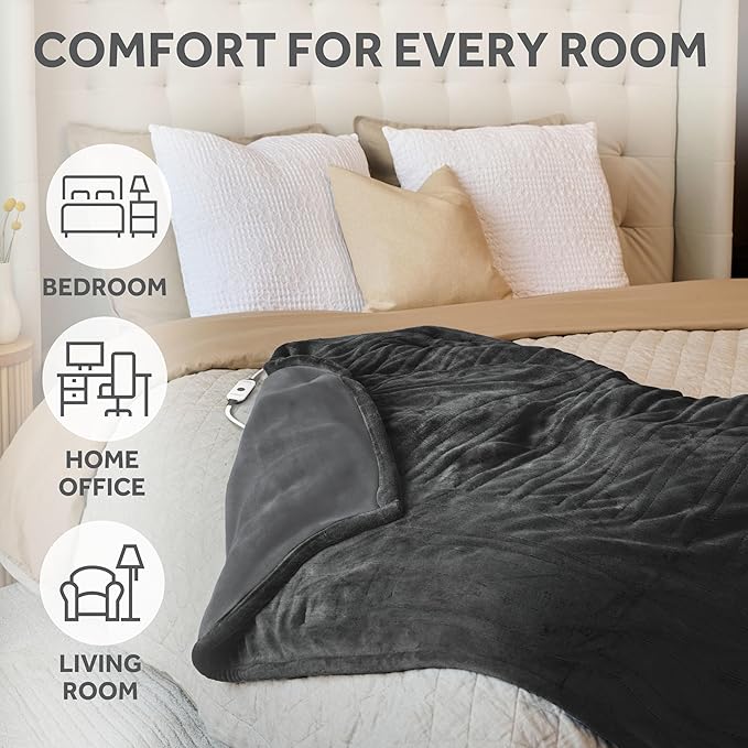 Sunbeam Ultimate Cozy Royal Posh Velvet Hand & Foot Pocket Heated Throw Electric Blanket, 50" x 72", 4 Heat Settings, 4-Hour Auto Shut-Off, Warming Throw for Couch or Bed, Machine Washable, Night Fog