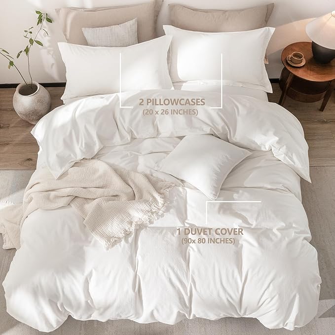 Linen Feel Duvet Cover Full Size 90inch x 80inch,100% Washed Cotton Duvet Cover with Zipper Closure and 2 Pillowcases, Color of Off White