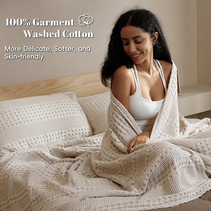 PHF 100% Cotton Waffle Blanket Oversized King 120"x120", Lightweight Breathable Extra Large 10'x10' Blankets for Bed, Giant Big Luxury Aesthetic Woven Bedding for Home Decor, Oatmeal