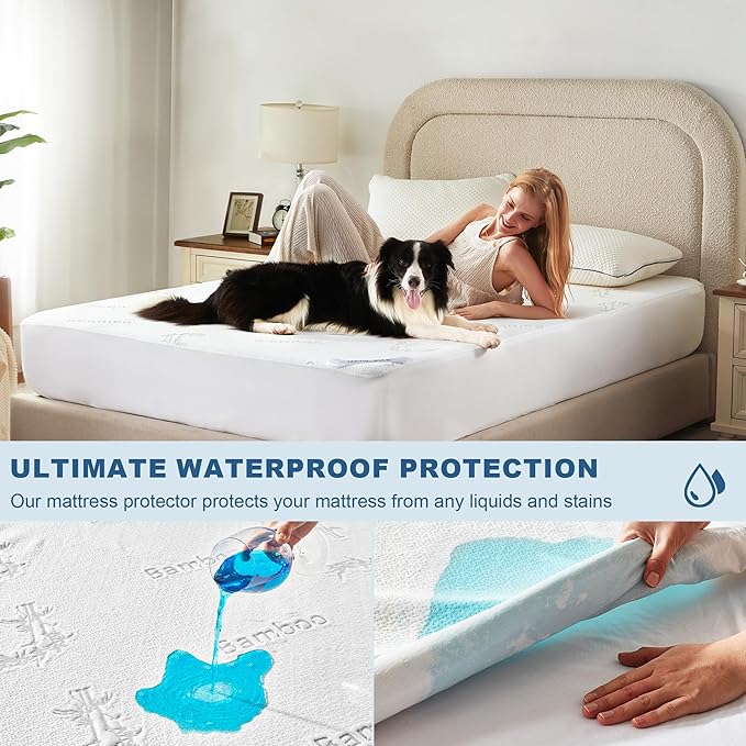 BEDLORE King Size Waterproof Mattress Protector Viscose Derived from Bamboo, Soft Mattress Cover Fitted with Deep Pocket 6"-18", Breathable & Cooling Noiseless Mattress Pad, Machine Washable(White)