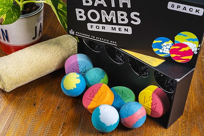 Bath Bombs for Men - Unique Sphere & Disc Shape - 8 Bath Bombs Mix of 5oz & 2.5oz - Gifts for Men - Bubble Bath Set