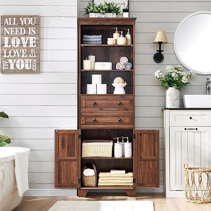 ACCOHOHO 72" Tall Bathroom Storage Cabinet, Farmhouse Storage Cabinet with Adjustable Shelves, Barn Door & 2 Drawers, Cabinet for Bathroom, Living Room & Kitchen, Brown
