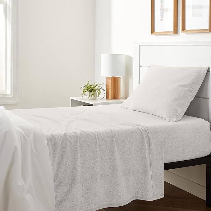 Amazon Basics 3 Piece Bed Sheet Set, 100% Cotton Jersey, Includes Super Soft, Flat and Fitted Sheets, Pillowcase, Twin, Oatmeal, Solid