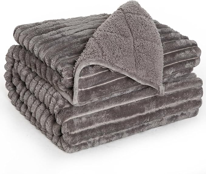 Sherpa Fleece Weighted Blanket with 3D Ribbed Stripes, 12 lbs Soft Flannel Heavy Throw Blanket for Couch Bed Sofa, Heavy Thick Blankets with Ceramic Beads, Great for Sleep, 48" x 72"