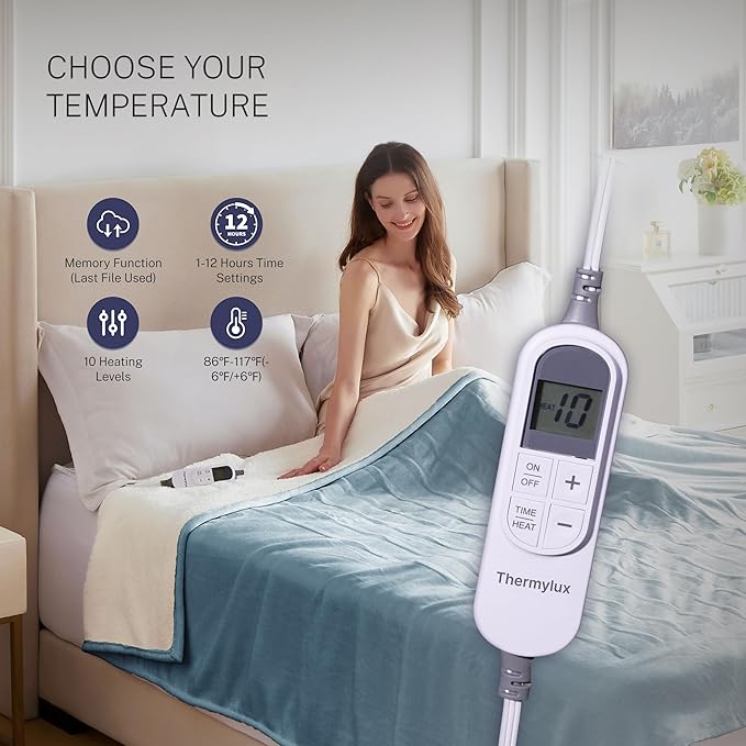 Electric Blanket Full 72"x84" Heated Electric Blankets 10 Heating Levels 12 Time Settings 8 Hours Auto Off Fast Heating and Overheat Protection ETL Certified Machine Washable,Light Blue