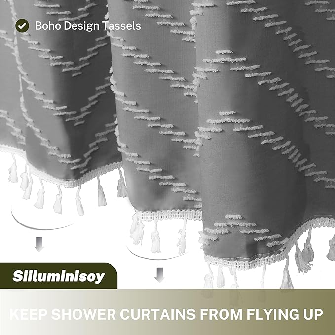 Extra Long Grey Boho Shower Curtain with Tassel, Woven Fabric 84 in Shower Curtain, Tufted Chevron Striped, 72 x 84, Modern Chic Textured Minimalist Bathroom Shower