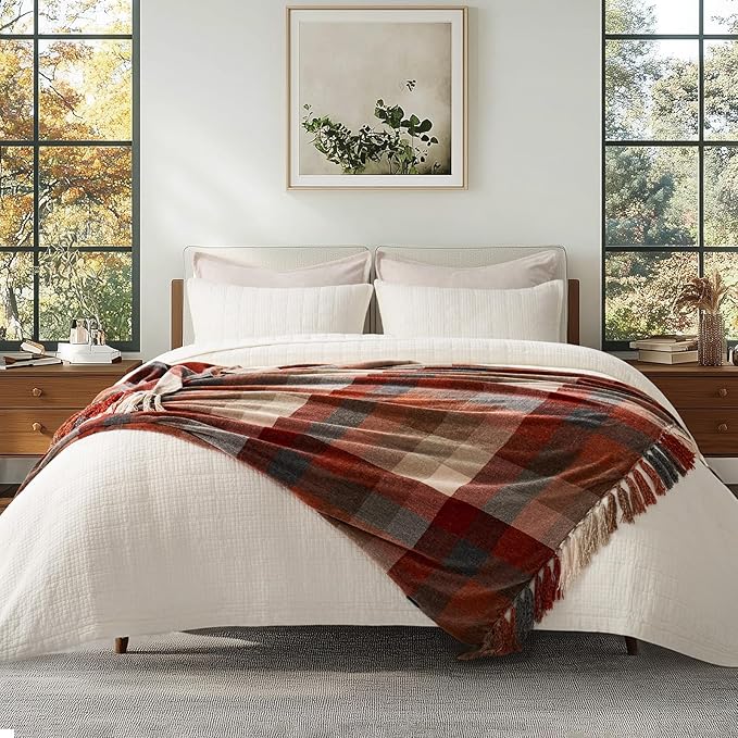 EVERGRACE Plaid Chenille Throw Blanket for Couch, Super Soft Cozy Decorative Fall Throw Blanket with Tassels for Bed Sofa Gift, Lightweight Harvest Plaid Throw Blanket for Autumn 50”x60”