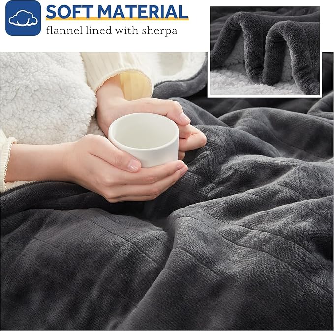SEALY Heated Throw Blanket, Flannel & Sherpa Reversible Electric Throw with 6 Heating Levels & 2-10 Hours Auto Shut Off, Machine Washable, 50x60 Inch, Dark Grey