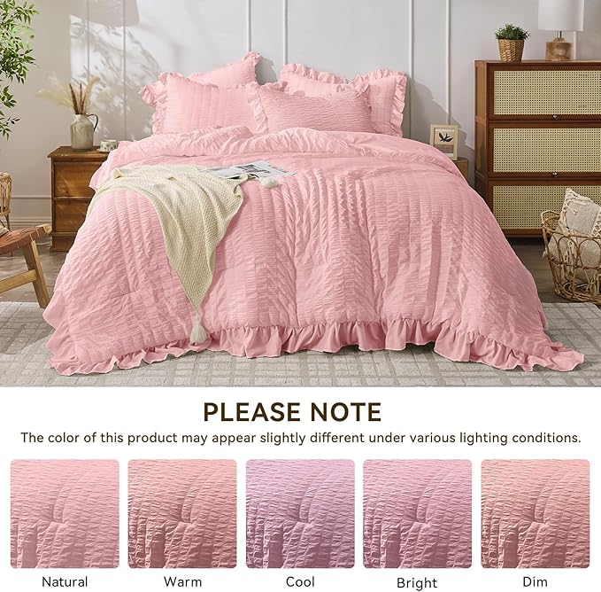 JOLLYVOGUE Pink Seersucker King Comforter Set, 3 Pieces Bed in a Bag Comforter Set, Lightweight & Fluffy Bedding Sets King for All Season with 1 Ruffle Comforter and 2 Ruffle Pillowshams