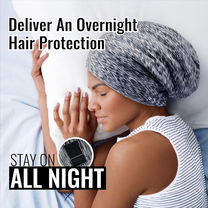 Satin Lined Sleep Cap Bonnet for Curly Hair and Braids, Stay On All Night Hair Wrap with Adjustable Strap for Women and Men, Black and Purple, Pack of 2