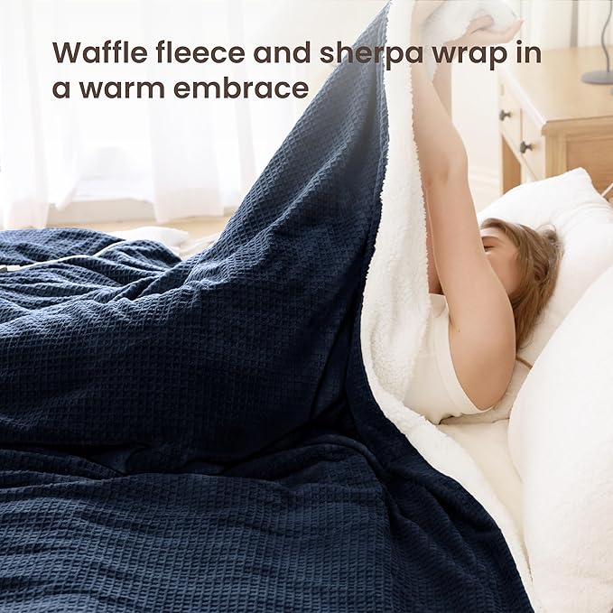 Heated Blanket Electric Blanket Queen Waffle,84x90 Inches Sherpa Fleece Fast Heating Blanket 6 Heating Levels & 10 Hours Auto Off ETL Certification, Navy Queen
